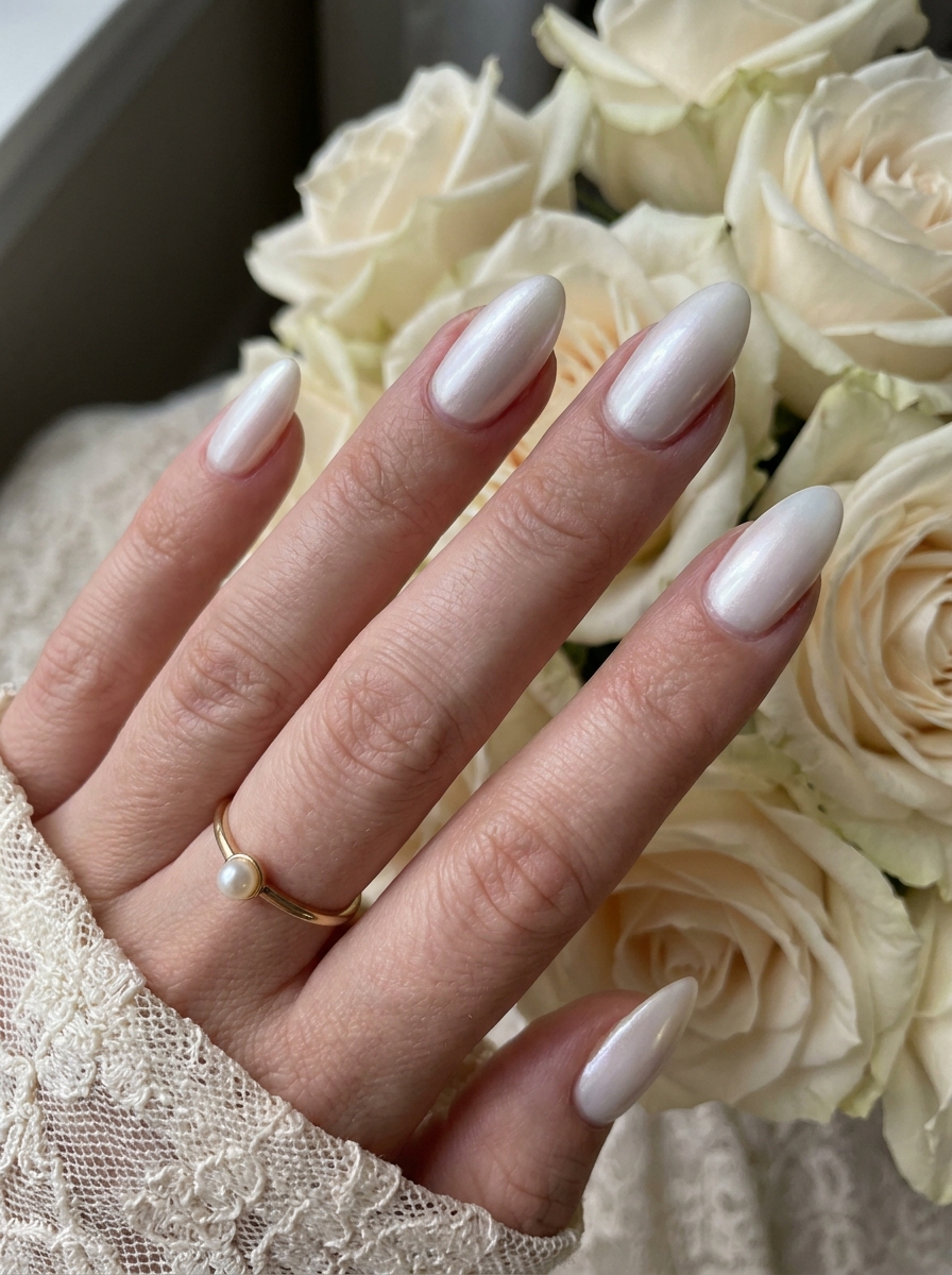Pearl White Almond Wedding Nails als Fall Wedding Nails Inspiration 2026